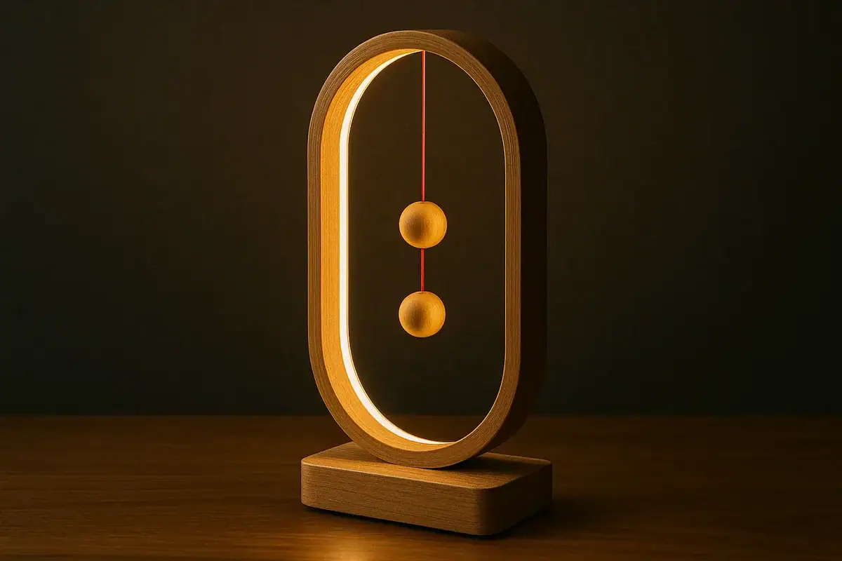 Horloge design en bois avec deux sphères suspendues, style moderne et épuré, idéale pour la décoration intérieure scientifique ou contemporaine.