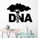 Illustration d'un arbre stylisé avec une double hélice d'ADN intégrée, représentant la connexion entre la nature et la génétique, idéale pour la décoration scientifique moderne.
