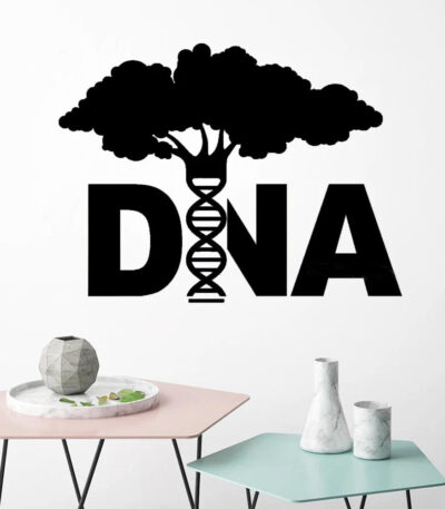 Illustration d'un arbre stylisé avec une double hélice d'ADN intégrée, représentant la connexion entre la nature et la génétique, idéale pour la décoration scientifique moderne.