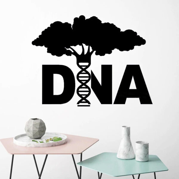 Illustration d'un arbre stylisé avec une double hélice d'ADN intégrée, représentant la connexion entre la nature et la génétique, idéale pour la décoration scientifique moderne.