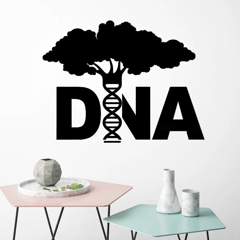 Illustration d'un arbre stylisé avec une double hélice d'ADN intégrée, représentant la connexion entre la nature et la génétique, idéale pour la décoration scientifique moderne.