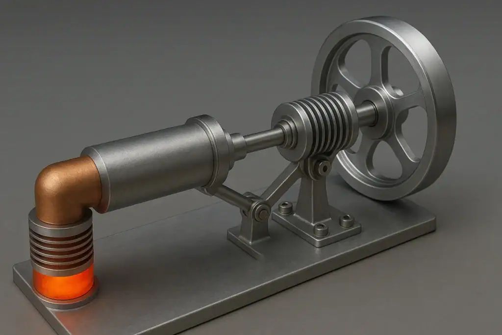 Moteur à vapeur miniature en métal gris avec composants en cuivre, illustrant une machine à vapeur vintage pour décoration scientifique.