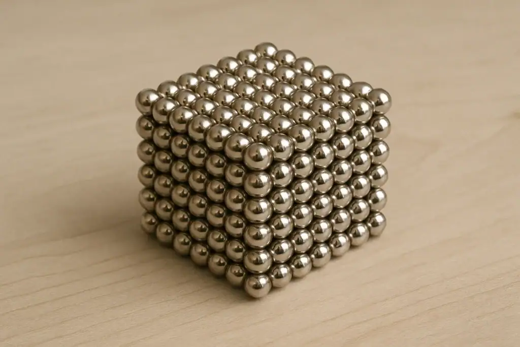 Pyramide de billes en acier inoxydable, modèle scientifique pour décoration ou expérience. Idéal pour les amateurs de sciences et de design industriel.