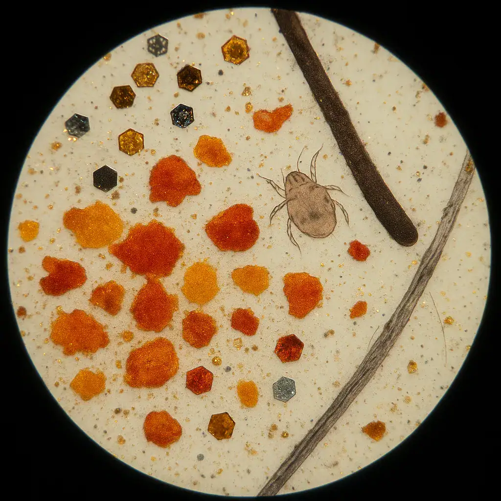 Mikroskopaufnahme von Blutegel und Insekten, umgeben von bunten Partikeln und Staub. Perfekt für wissenschaftliche Studien und naturwissenschaftliche Dekorationen.