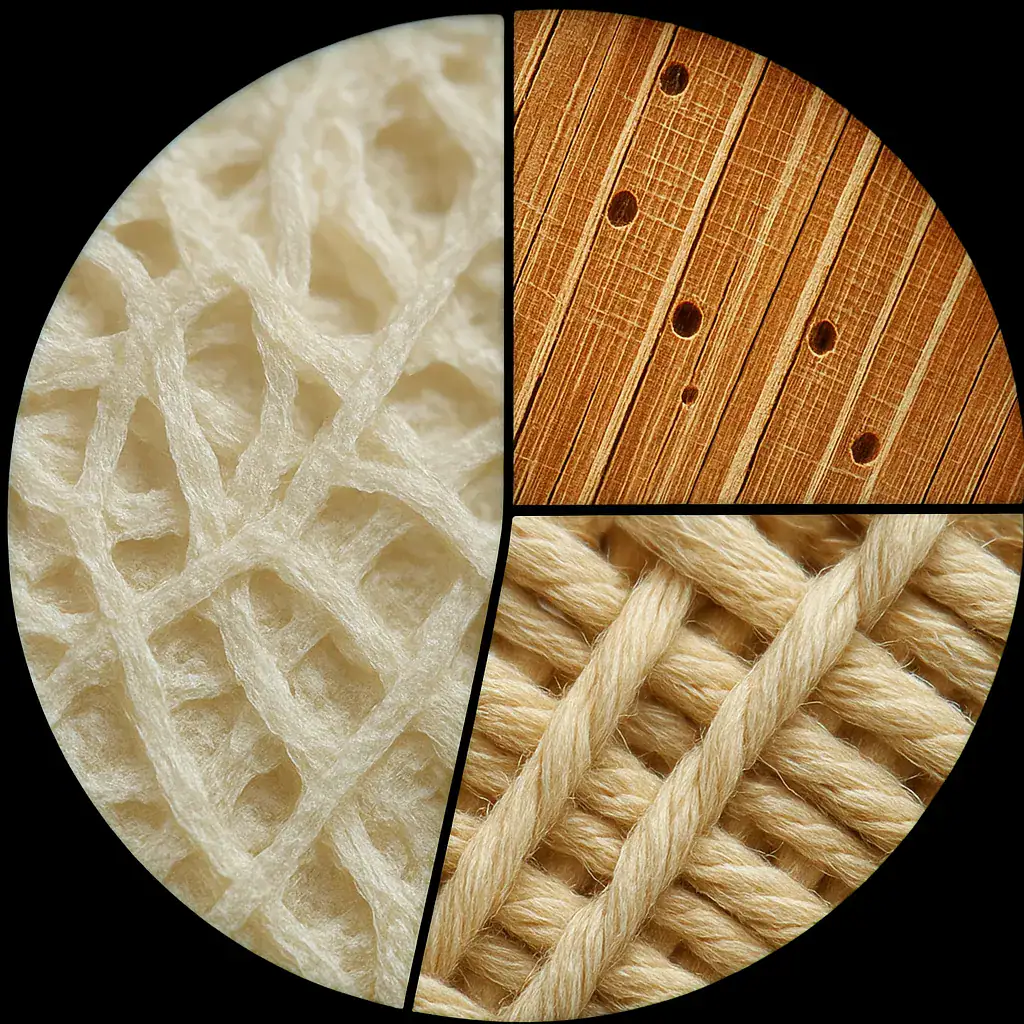Nahaufnahme verschiedener wissenschaftlicher Materialien, darunter ein Schaumstoff, Holz mit Bohrlöchern und geflochtenes Seil, die die Vielfalt der Forschungs- und Dekorationsobjekte zeigen.