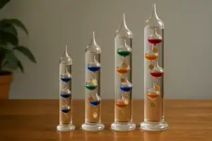Balanciers de liquides colorés dans des tubes en verre de différentes tailles.