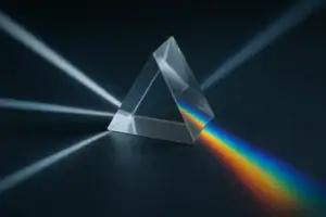 Pyramide en verre transparent dispersant la lumière blanche en un spectre coloré, illustrant la réfraction et la dispersion de la lumière.