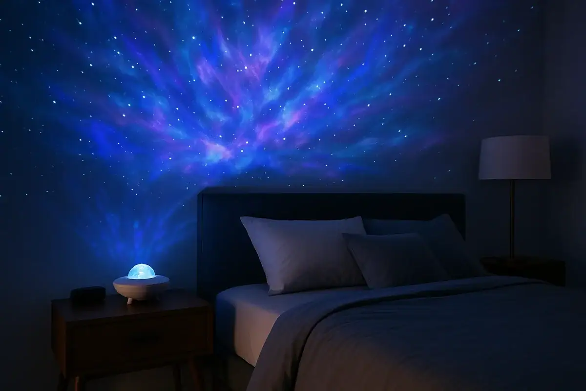 Projection d'une nébuleuse étoilée sur le mur de la chambre, créant une ambiance relaxante et cosmique. Idéal pour une décoration scientifique ou pour une ambiance apaisante.