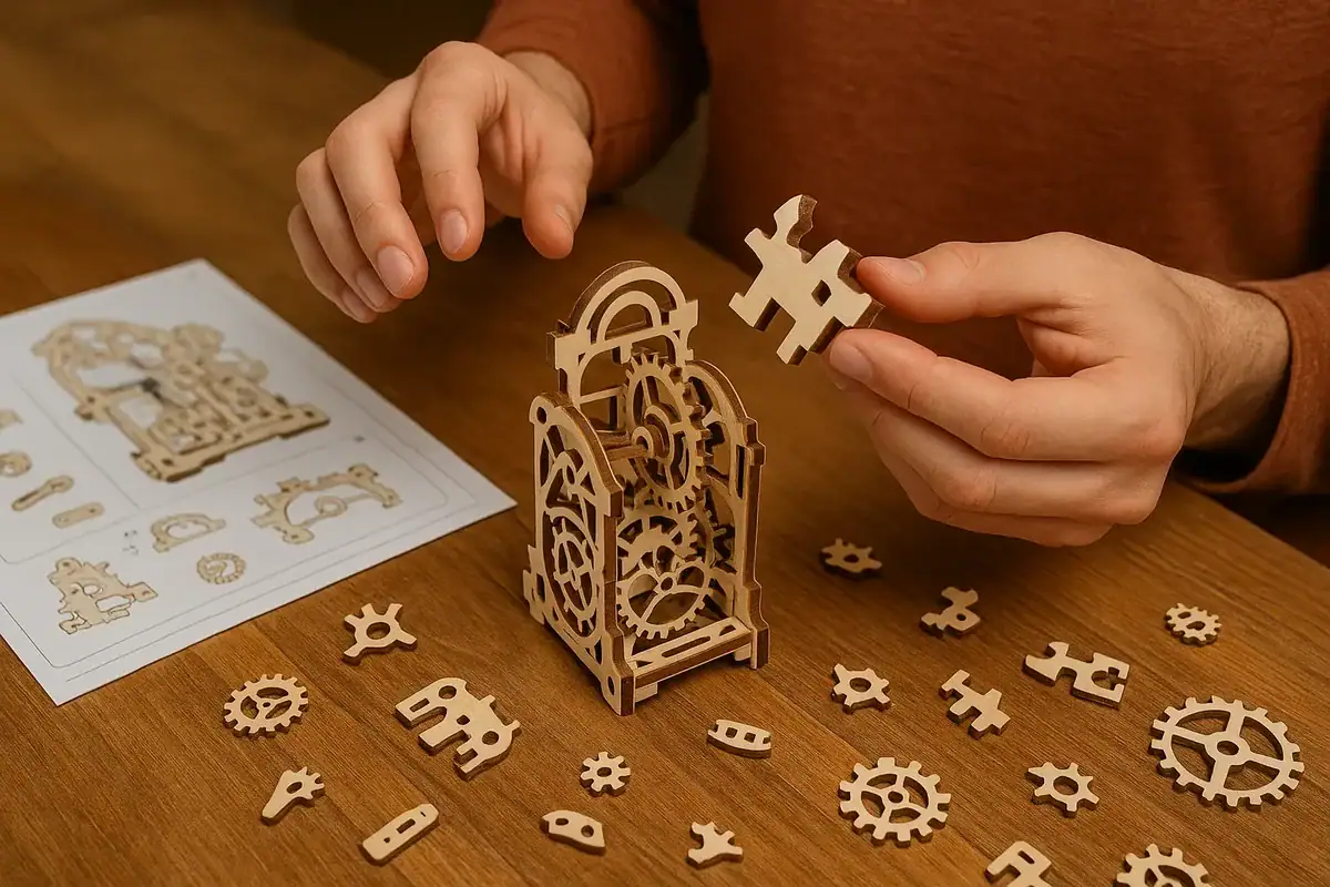 Puzzle mécanique en bois avec pièces détachées, idéal pour la décoration et la stimulation intellectuelle, parfait pour les amateurs de sciences et de bricolage.