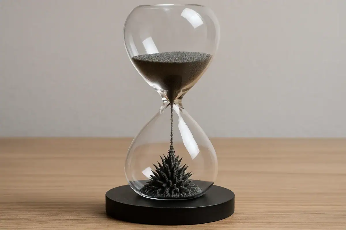 Sablier décoratif avec plante en dessous, symbole du temps et de la nature, parfait pour la décoration scientifique ou moderne.