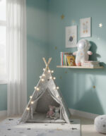 Tente de jeu pour enfants avec éclairage doux, décorée d’étoiles dorées, idéale pour une chambre d’enfant. Inclut des peluches et une décoration ludique pour stimuler l’imagination.