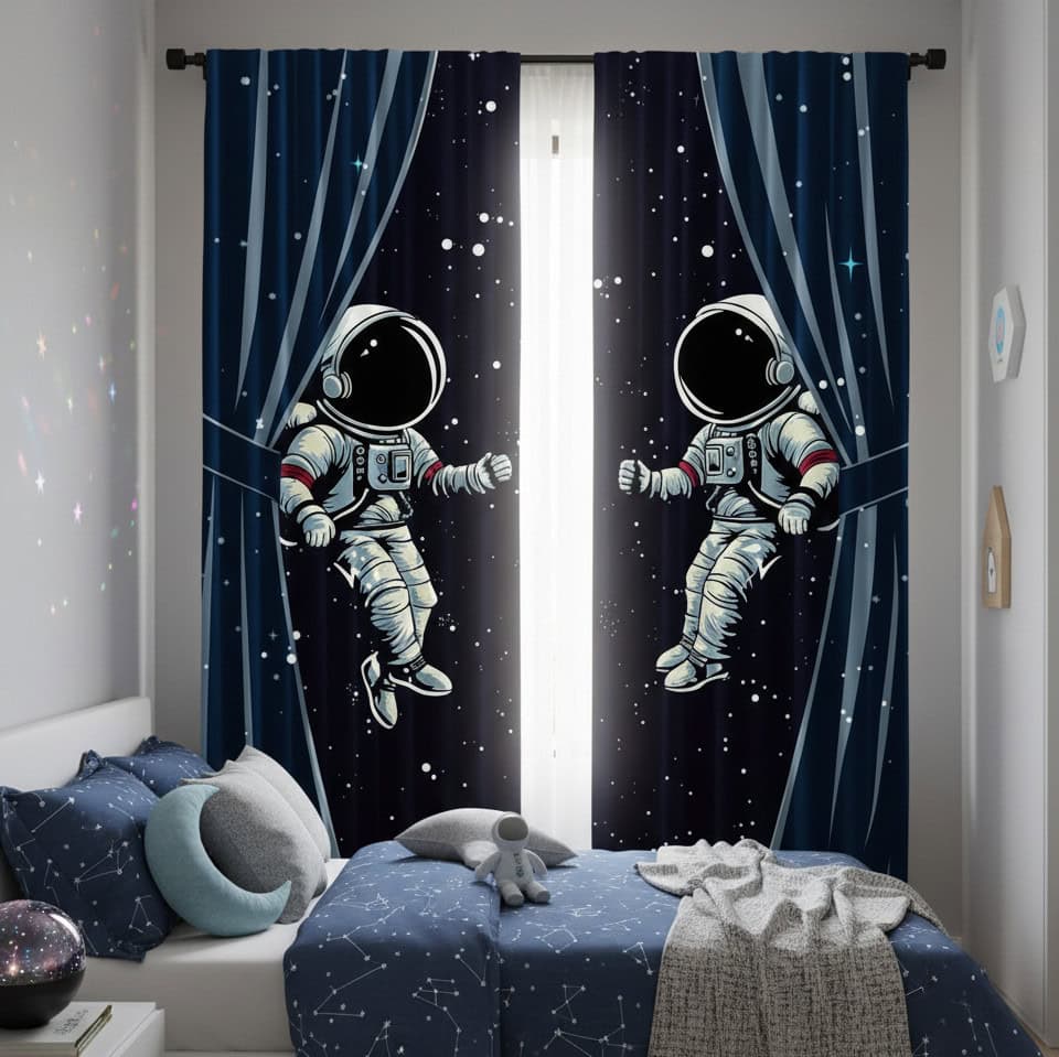 Rideaux de chambre avec astronautes flottants dans l'espace, décor cosmique pour une ambiance ludique et imaginative.