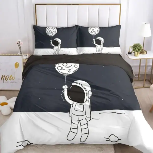 Vêtement de lit avec motif astronautes et lune, parfait pour une décoration de chambre d'enfant ou d'adolescent inspirée de l'espace et de la science.
