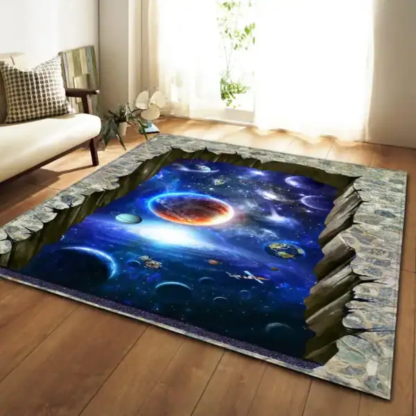 Tapis avec impression 3D représentant un paysage spatial avec planètes et étoiles.
