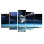 Vue panoramique de la lune et de l'espace cosmique avec étoiles et galaxies, vue depuis l'espace au-dessus de la Terre.