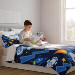 Jeune garçon lisant un livre dans une chambre décorée avec un thème spatial, comprenant une couverture de lit et des coussins à motifs de planètes, fusées et étoiles.