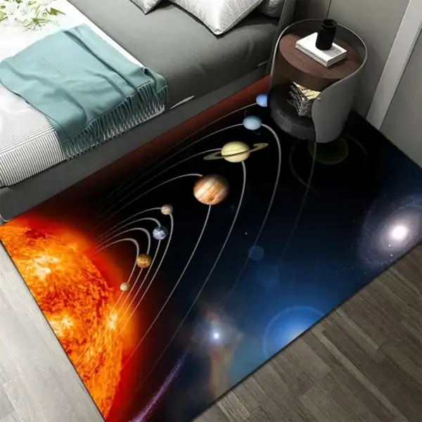 Tapis éducatif représentant le système solaire avec les planètes en orbite, idéal pour la décoration et l'apprentissage scientifique à domicile ou en classe.
