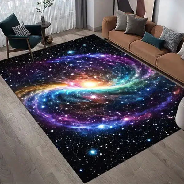 Tapis d'intérieur avec motif de galaxie cosmique, étoiles et nébuleuses, apportant une touche d'univers et d'émerveillement à votre décoration intérieure.