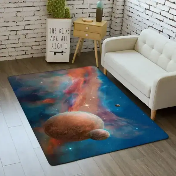 Tapis de sol à motif spatial avec planètes et galaxie, parfait pour une décoration intérieure inspirée de l'univers.