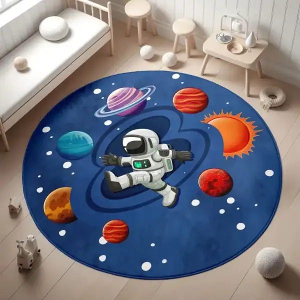 Tapis de jeu rond avec motif d'espace et astronaute.
