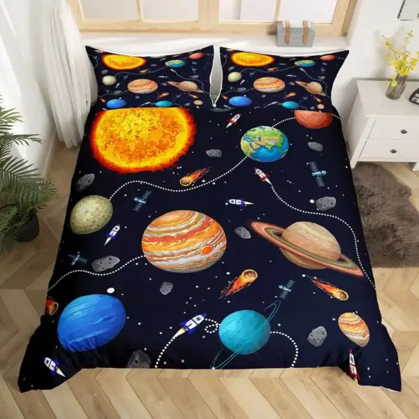 Parure de lit avec motif de planètes et d'astres du système solaire, idéale pour les amateurs d'astronomie et de décoration scientifique.