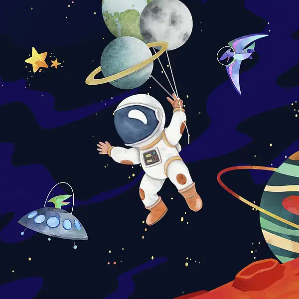 Illustration d'un astronaute flottant dans l'espace avec des planètes, étoiles, et vaisseaux spatiaux colorés, évoquant l'univers et la science pour enfants.