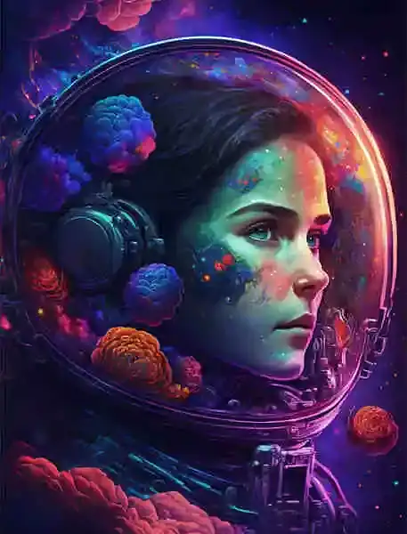 Illustration artistique d'une femme astronaute avec un casque, entourée de nuages colorés et d'éléments cosmiques, évoquant la science et l'exploration spatiale.
