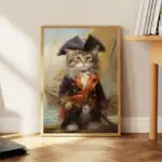 Un chat anthropomorphe déguisé en pirate, portant un costume historique avec un tricorne et une épée, dans un style de peinture classique.