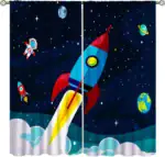 Vaisseau spatial coloré avec fusée en lancement, étoiles, planètes et astronautes dans un décor spatial. Parfait pour la décoration scientifique et éducative.