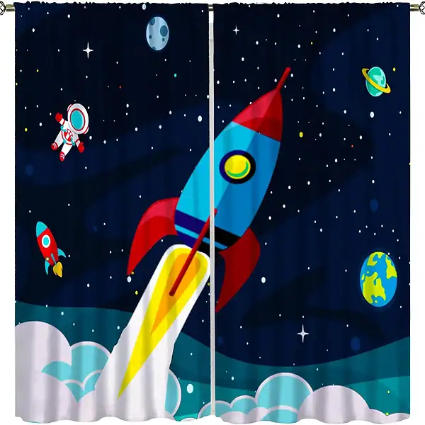 Vaisseau spatial coloré avec fusée en lancement, étoiles, planètes et astronautes dans un décor spatial. Parfait pour la décoration scientifique et éducative.