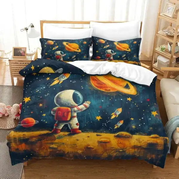 Ensemble de literie avec motif d'astronaute et d'espace, parfait pour une décoration thématique scientifique ou pour les amateurs d'astronomie.
