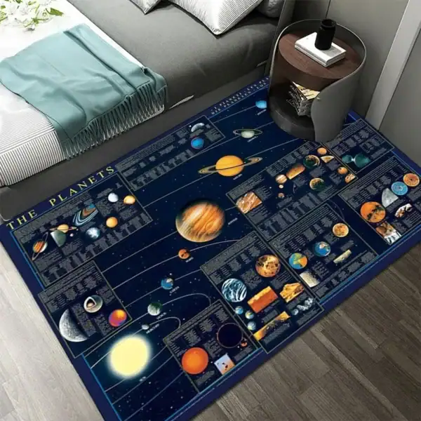 Tapis représentant le système solaire avec planètes, étoiles et informations détaillées, idéal pour la décoration éducative ou scientifique.