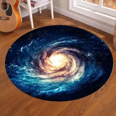 Tapis rond avec motif de galaxie en spirale représentant un vortex cosmique, idéal pour la décoration intérieure moderne et scientifique.