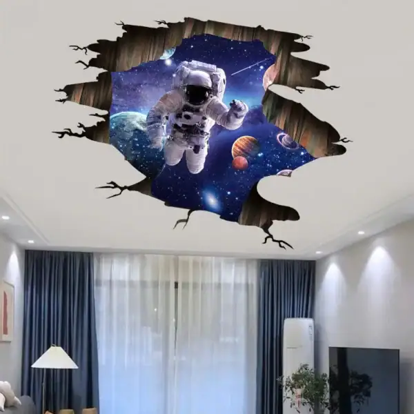Figurine d'astronaute flottant dans un décor spatial avec planètes et étoiles, créée pour une décoration murale originale et immersive.