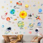 Décoration murale éducative représentant le système solaire avec planètes, étoiles et astronautes pour une chambre d'enfant ou une salle d'apprentissage.