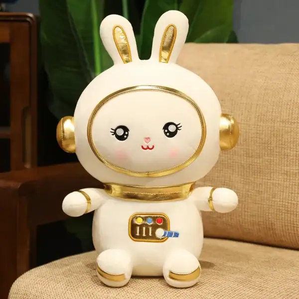 Figurine de lapin adorable avec casque audio doré, idéale pour la décoration de bureau ou chambre à thème scientifique ou geek.