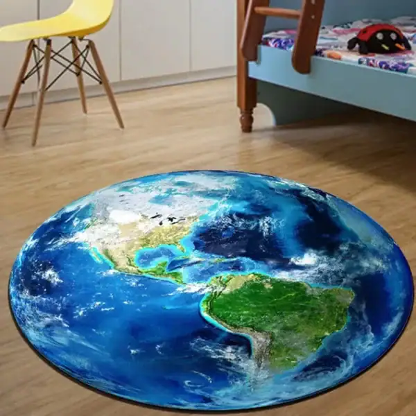 Tapis rond représentant la planète Terre avec détails géographiques, idéal pour la décoration éducative ou pour les enfants.