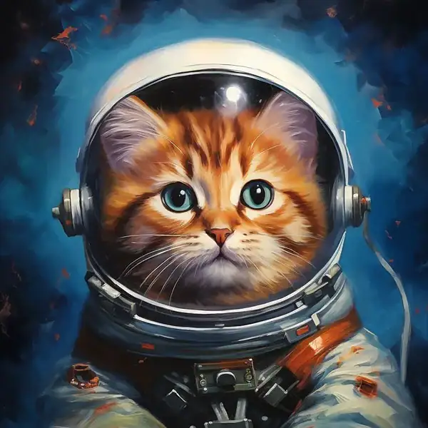 Chat mignon avec un casque d'astronaute, illustrant un thème scientifique et spatial, parfait pour une décoration ou une boutique d'objets scientifiques.
