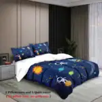 Tapisserie de lit avec motif spatial, étoiles, planètes et astronautes, parfait pour une décoration de chambre inspirée de l'univers.