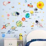 Décoration murale éducative sur le thème de l'espace avec planètes, astronautes et fusées pour chambre d'enfant ou salle de classe.