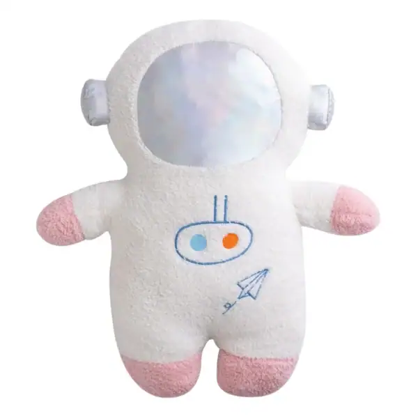 Peluche d'astronaute douce avec casque brillant, corps en tissu blanc avec détails roses et dessin de fusée, idéale pour la décoration ou le jeu.