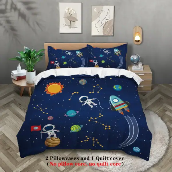 Tapisserie de lit avec motif spatial, astronautes, planètes et fusées.