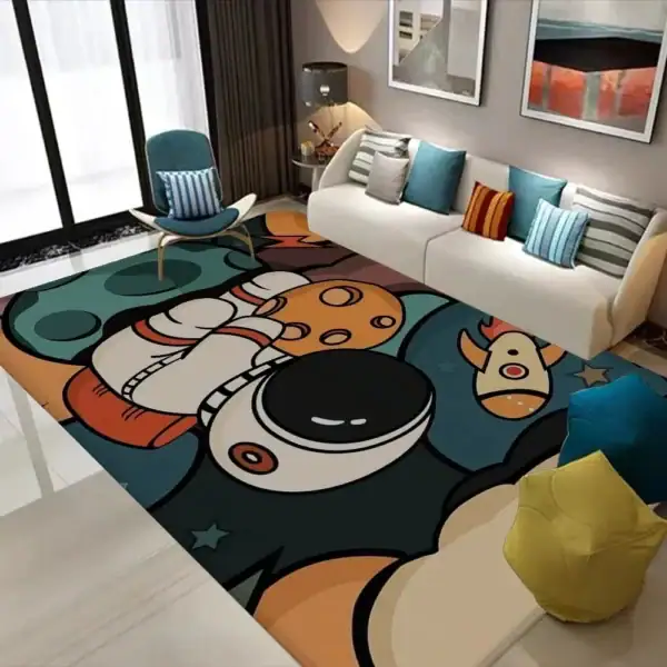 Tapis décoratif avec motif scientifique, idéal pour salon moderne, apportant une touche ludique et éducative à votre intérieur.