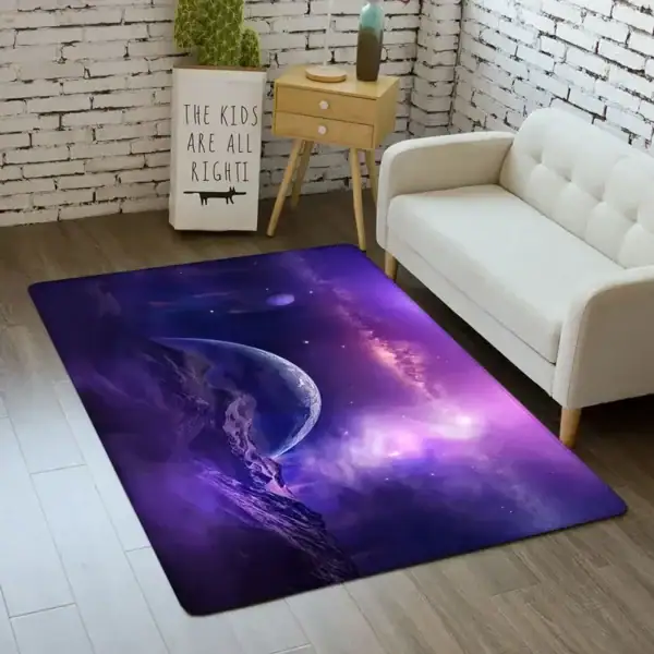 Tapis avec design d'espace, galaxie et lune pour décoration intérieure.