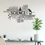 Mur de bureau avec une décoration scientifique comprenant des mots clés comme "science", "expérience", "hypothèse" et des icônes de microscope et de flacon de laboratoire.