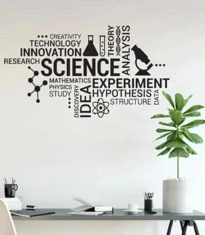 Mur de bureau avec une décoration scientifique comprenant des mots clés comme "science", "expérience", "hypothèse" et des icônes de microscope et de flacon de laboratoire.
