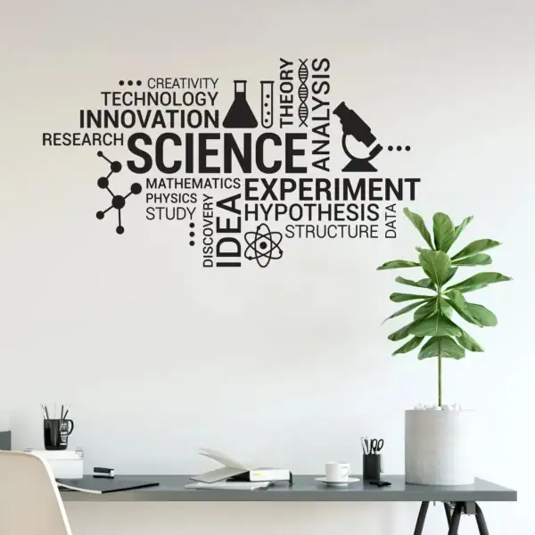Mur de bureau avec une décoration scientifique comprenant des mots clés comme "science", "expérience", "hypothèse" et des icônes de microscope et de flacon de laboratoire.