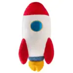 Fusée en peluche rouge, blanche, bleue et jaune, idéale pour la décoration scientifique ou comme jouet éducatif. Parfait pour les amateurs de science et d'objets insolites.
