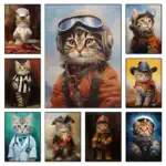 Collection de chats anthropomorphes en costumes de science et d'aventure, illustrant des thèmes de cuisine, médecine, exploration spatiale et militaire.