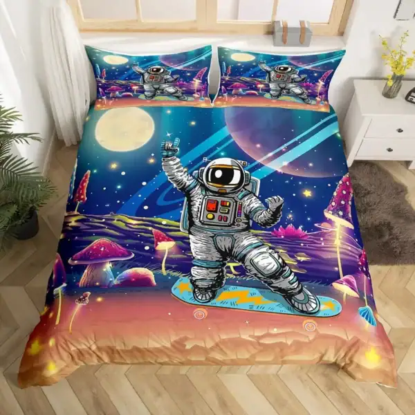 Vêtement de lit avec motif d'astronaute dans l'espace, comprenant une housse de couette et deux taies d'oreiller, parfait pour une décoration de chambre enfant ou ado.